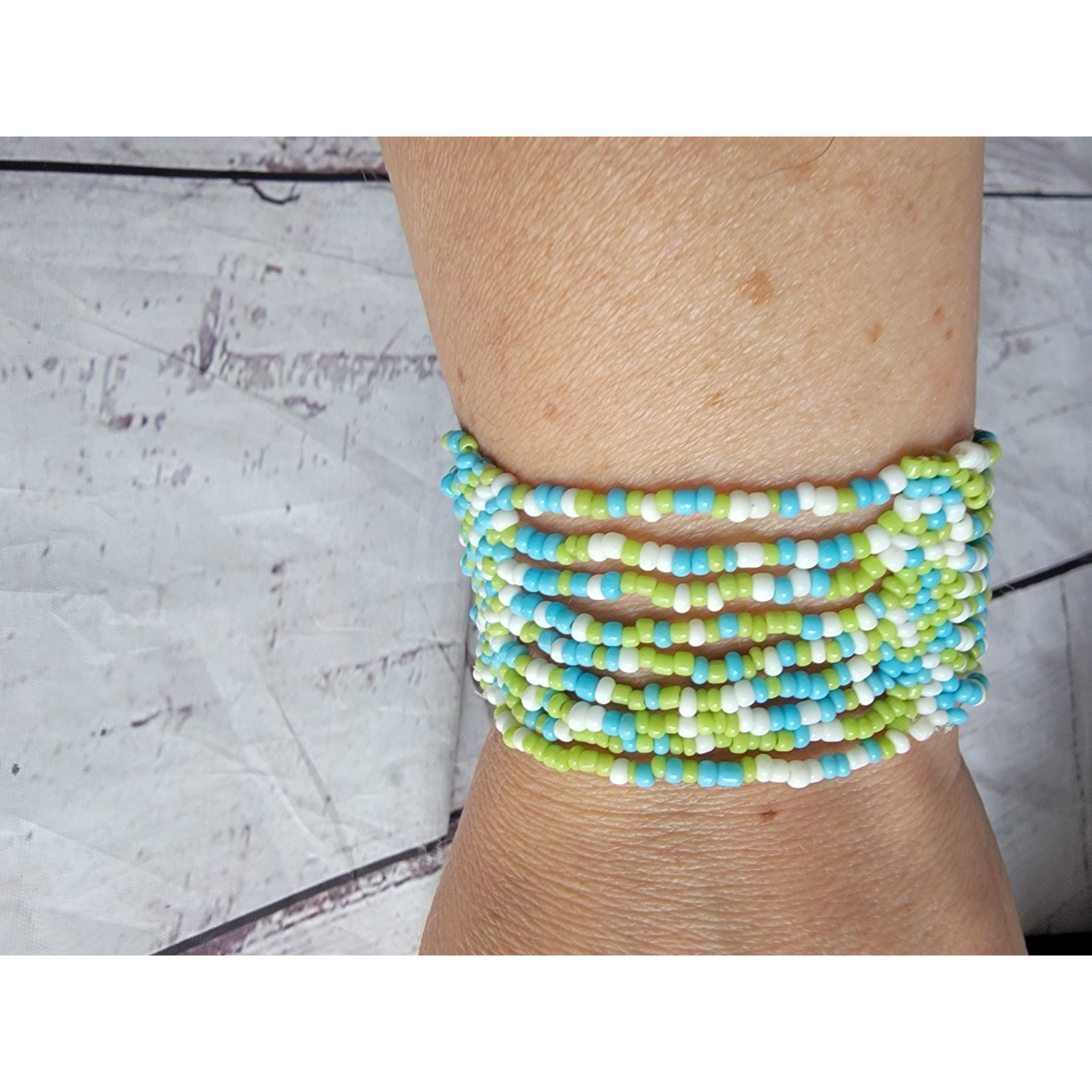 Seed Bead Multi Strand Bracelet Lime Green Blue White